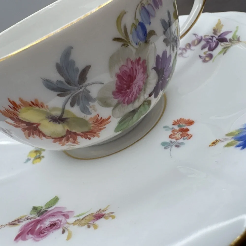 Meissen Flat Cup & Saucer Set Chinoiserie X Mark Crossed Swords Floral AS IS # 2